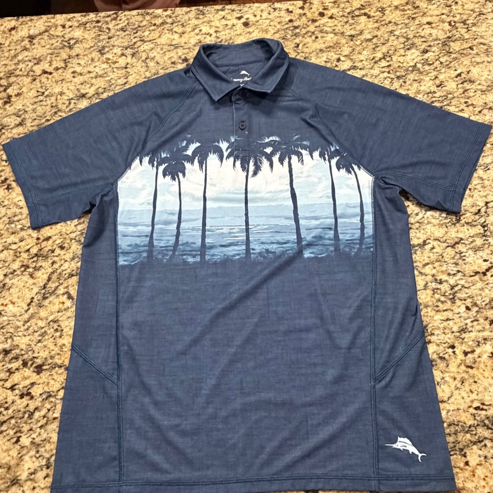 Tommy Bahama Island Active Mens Blue Palm Tree Graphic Polo Shirt UPF 30 Size M